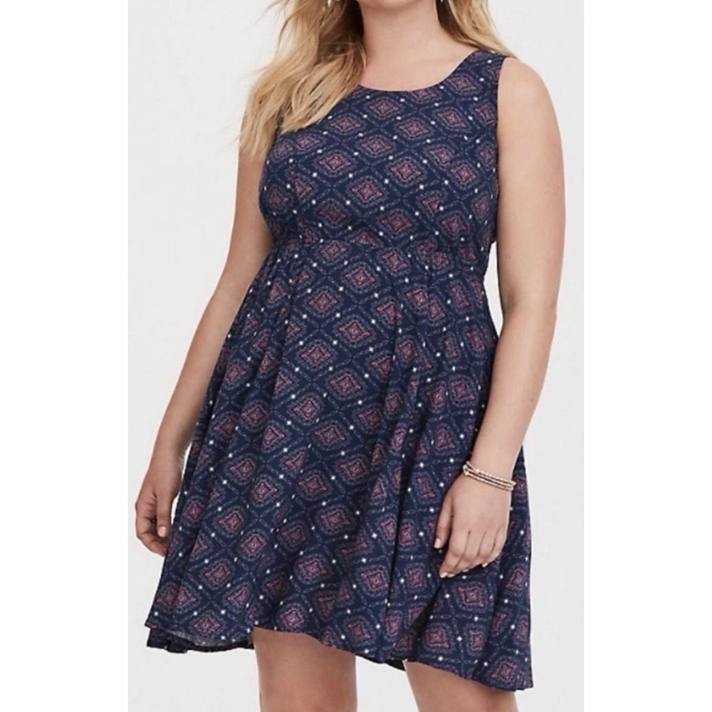 Torrid Navy Blue Pink Medallion Skater Dress Cutout Tie Back Size 2 - 2X